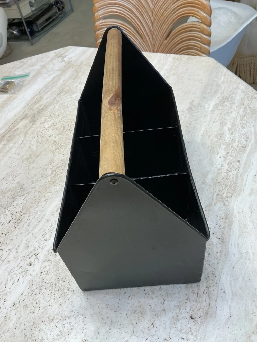 Black Metal Utility Storage Caddy With Wooden Cylinder Handle
